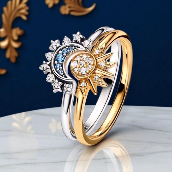 🆕️Enchanting Trending Celestial Sun & Moon S925 Sterling Silver Zirconia Rings - Picture 1 of 16